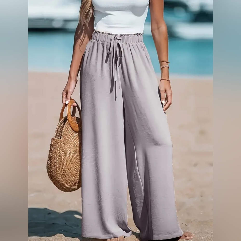 Long Length Elegant Wide Leg Pants - Soft Polyester, Fake Drawstring, Loose Fit